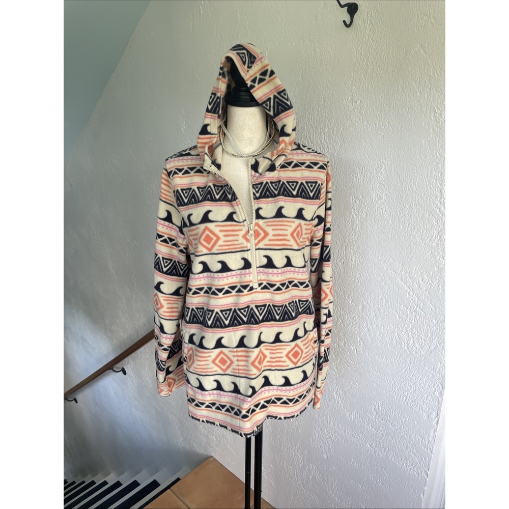 O'NEILL Ivory Pink Black Orange Wave Fleece Pocket Hooded Pullover Sweatshirt L